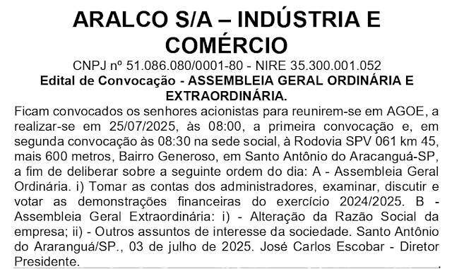 Grupo Aralco divulga nota sobre notícia de assembleia; saiba mais