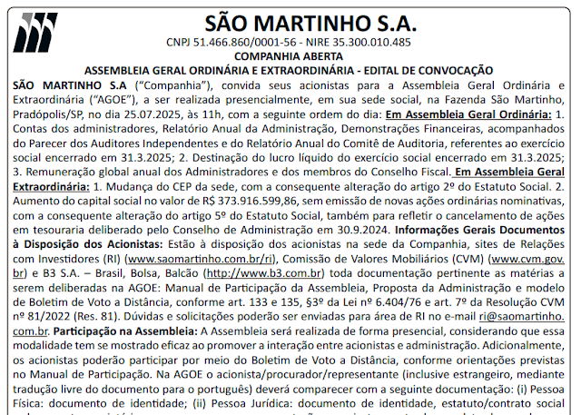 São Martinho convoca os acionistas para assembleia; saiba o que será discutido