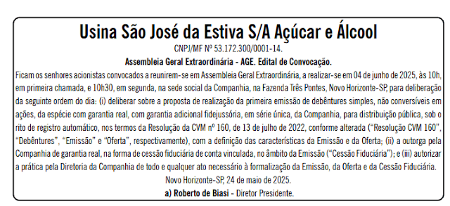 Usina Estiva convoca acionistas para extraordinária; saiba o que está na pauta de discussões