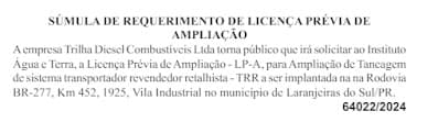Empresa pede licença para ampliar tancagem de combustíveis